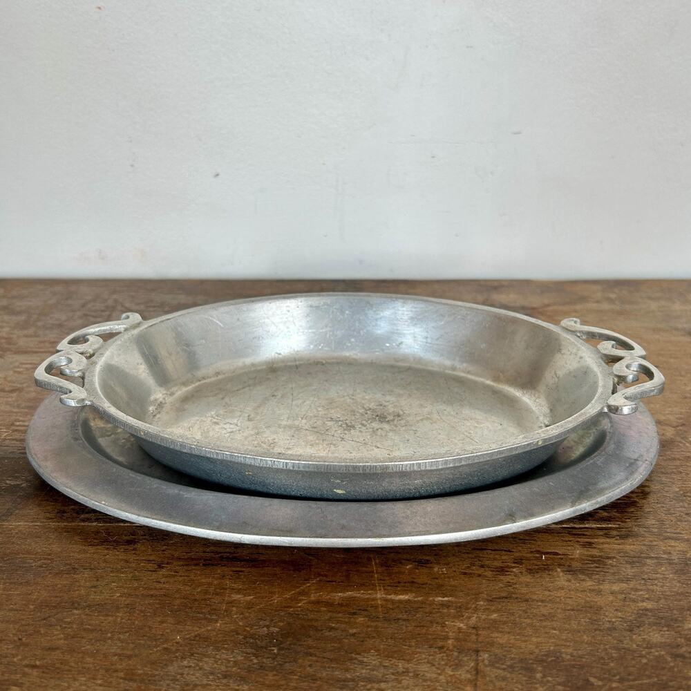 Vintage Cast Pewter Oval Serving Bowl and Plate, Cottagecore Kitchen Decor